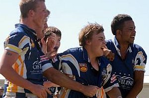 Team mates congratulate Alex Greenslade after he scored a try as the full time siren sounded